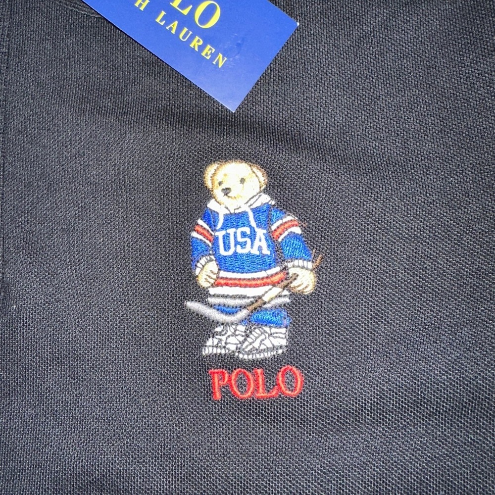 Polo Ralph Lauren Y2K Black Polo Bear TEAM USA Hockey Cotton Mesh Shirt NWT XL - Picture 5 of 8